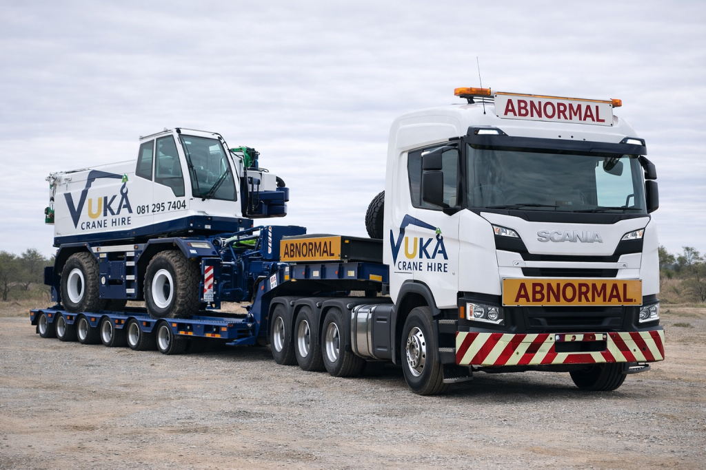Vch lowbed truck, transporting a rough terrain crane